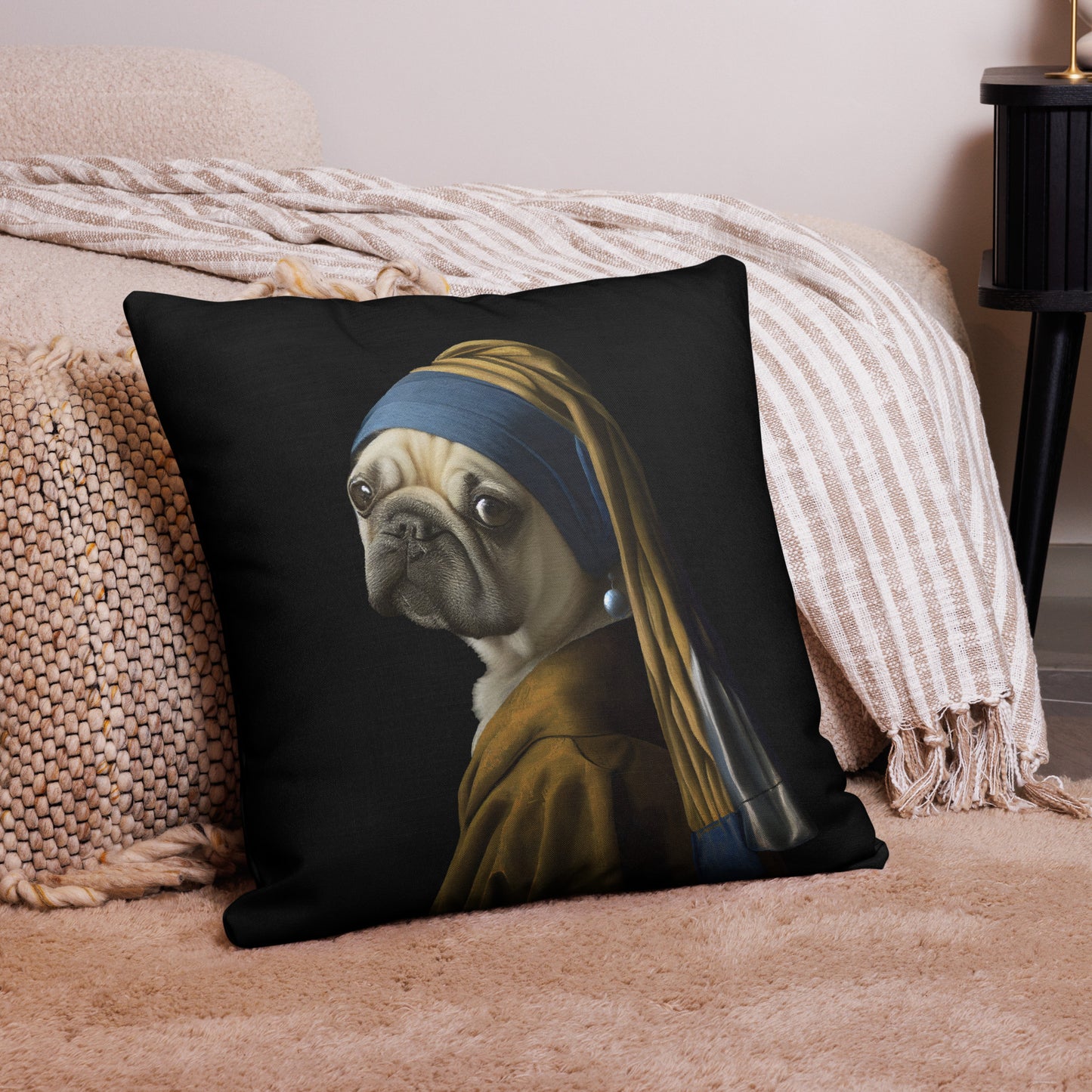 Girl with a Pearl Earring Pug Throw Pillow